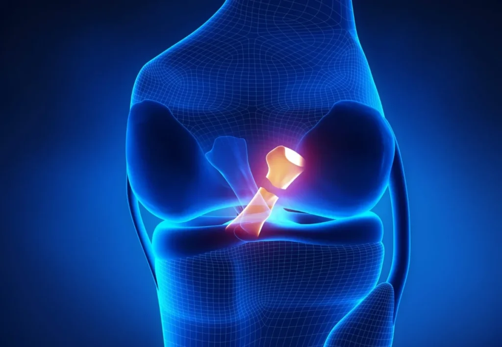 Illustration of a torn anterior cruciate ligament (ACL) in the knee