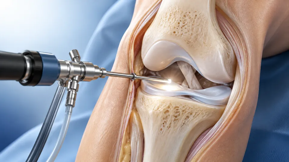 Illustration of knee arthroscopy with a camera inside the knee joint