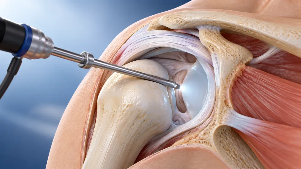 Illustration of shoulder arthroscopy with an arthroscope in the shoulder joint