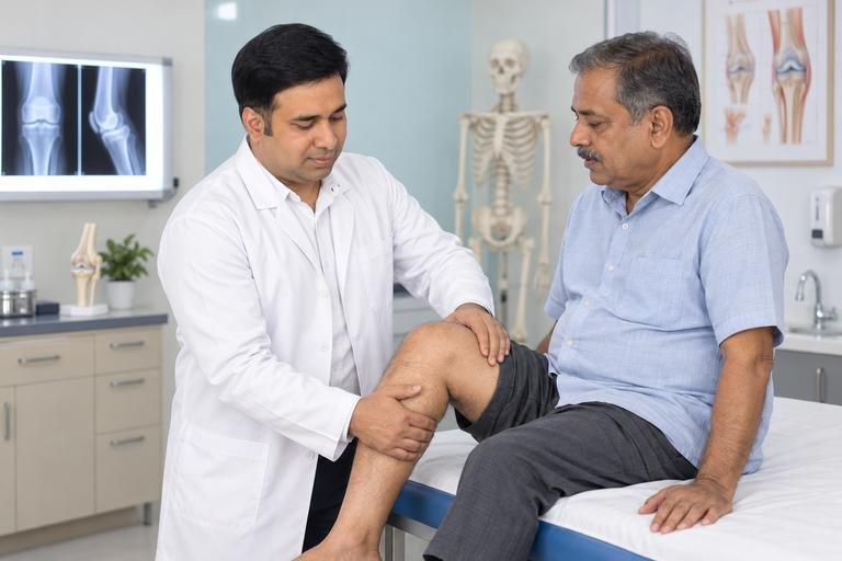 Orthopaedic surgeon gently flexing an older patient's knee during a consultation (illustrative image)