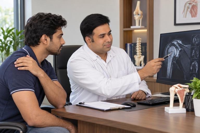 Orthopaedic surgeon pointing at a shoulder MRI scan while a patient looks on (illustrative image)