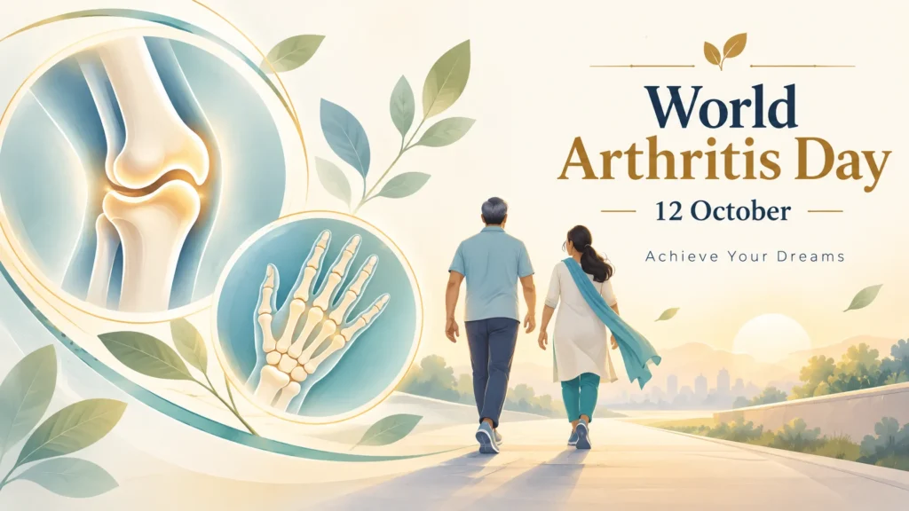 World Arthritis Day 12 October illustration of two adults walking in morning light beside simple joint diagrams